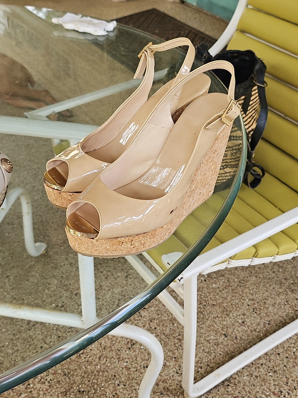 Jimmy Choo Nude Patent Leather Cork Wedge Peep-Toe Sandals
